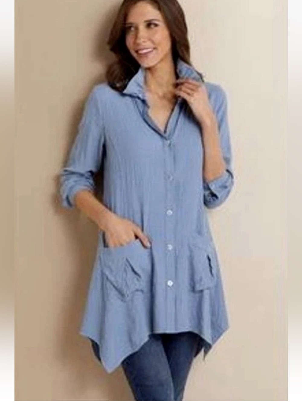 Soft Surroundings Blue Crinkle Gauze Ruffle Neck Asymmetric Tunic Blouse XS